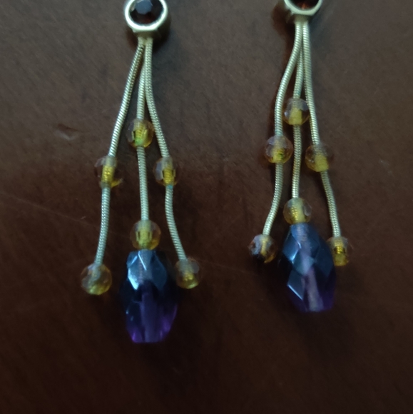 Dangle earrings in brass with purple and amber stones - Picture 6 of 7